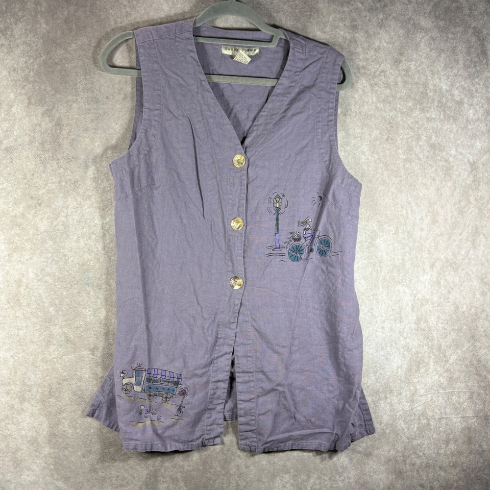 Sweet Jessie Vest Women M Purple Linen Blend Embroidered Novelty Art To Wear